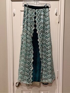 Green Velvet Mint Lace Overlay Layered Long Maxi Skirt Renaissance Fair Whimsy